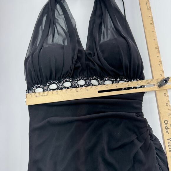 Cache Dress Womens 6 Black Sequins V Neck‎ Mini Ruched Vintage Y2K - Picture 5 of 6